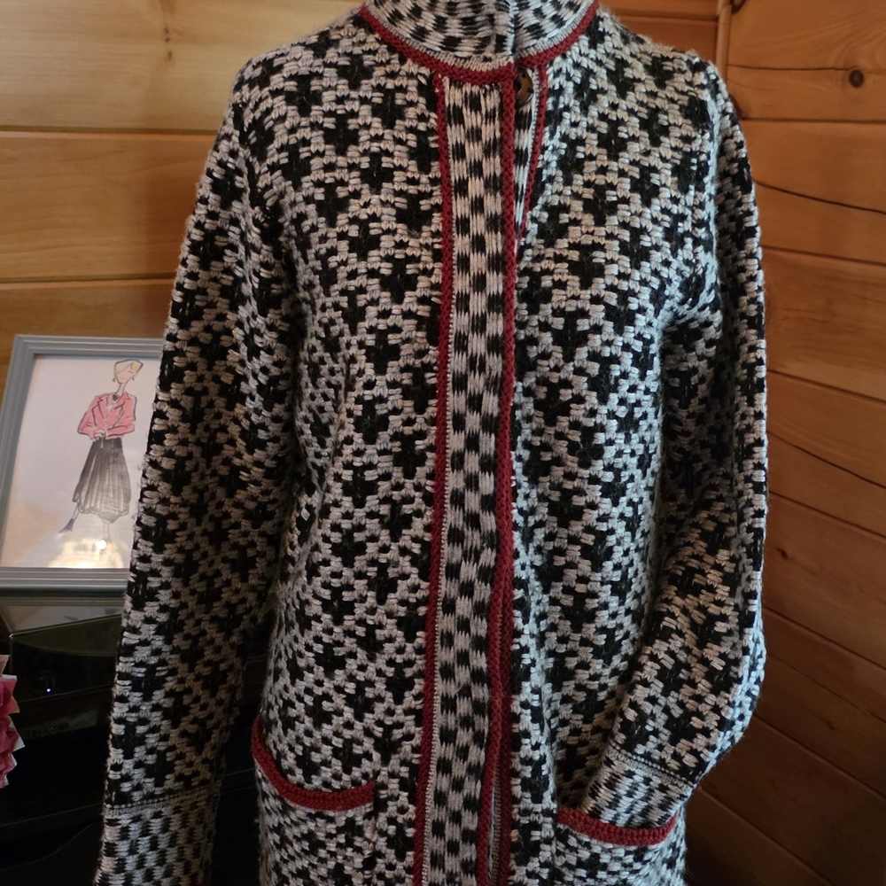 Chico's Monochrome Patterned Jacket with Red Accents
